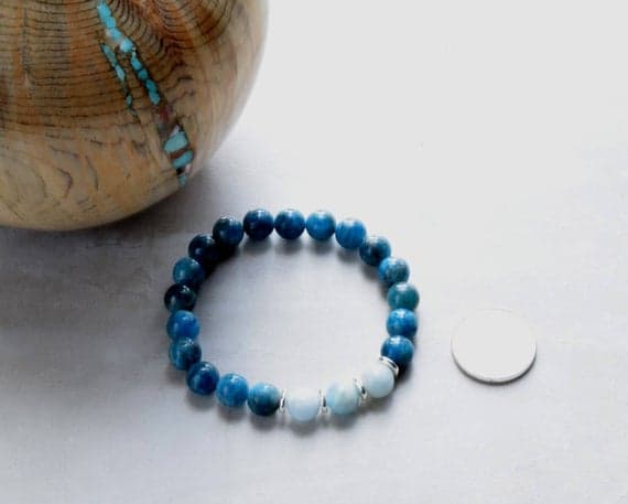 Unique Wedding Gift 8mm Multi Colour Aquamarine Blue Apatite Crystal Stretchable Bracelet Round, Smooth 18cm for mens, womens, gf, bf and adults.