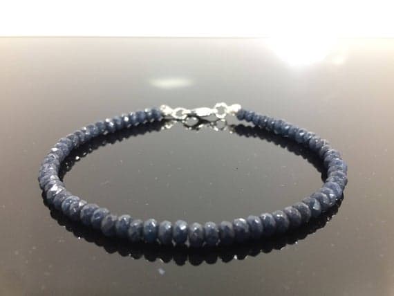 925 sterling Silver memorial gift 4-5mm stacking Blue Sapphire Bracelet Rondelle, Faceted 7" for mens, womens, gf, bf & Adult.