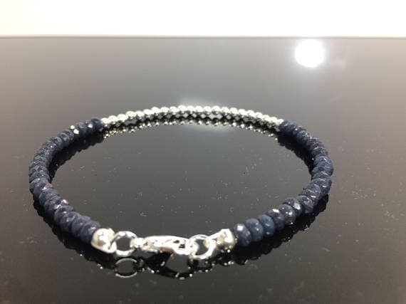 925 sterling Silver love beach youth Silver Helling 4-5mm stacking Blue Sapphire Bracelet Rondelle, Faceted 7" for mens, womens, gf, bf & Adult.