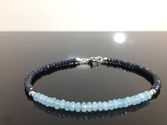 925 sterling Silver Anniversary Gift Silver Helling 4-5mm stacking Blue & Aqua Sapphire and Aquamarine  Bracelet Rondelle, Faceted & Smooth 7" for mens, womens, gf, bf & Adult.