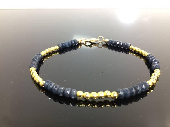 24k gold Plated Personalized Gift Gold Helling 4-5mm stacking Blue Sapphire Bracelet Rondelle, Faceted 7" for mens, womens, gf, bf & Adult.