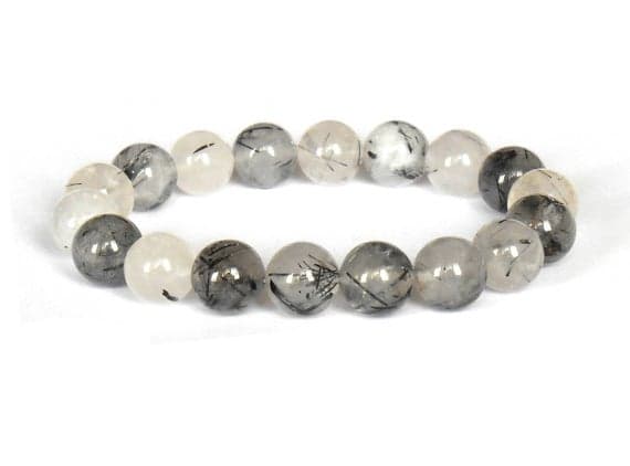 Natural 10mm Multi Colour Black Tourmalinated Quartz  Stretchable Bracelet Round, Smooth 18cm for mens, womens, gf, bf and adults.