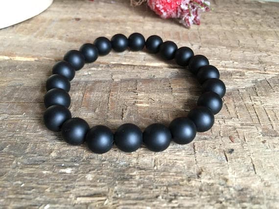 memorial gift 6mm Black Matte Frosted Black Onyx  Stretchable Bracelet Round, Smooth 18cm for mens, womens, gf, bf and adults.