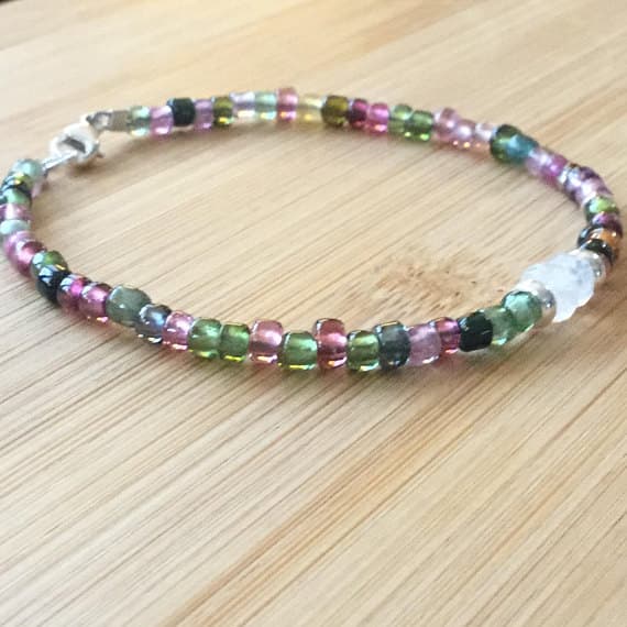 925 sterling Silver Dainty Slave Loose 3-4mm stacking Multi Rainbow Tourmaline Bracelet Rondelle, Smooth 7" for mens, womens.