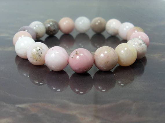 memorial gift 10mm Stretchable Multi Peruvian Pink Opal  Bracelet Round, Smooth 7.5" for mens, womens.