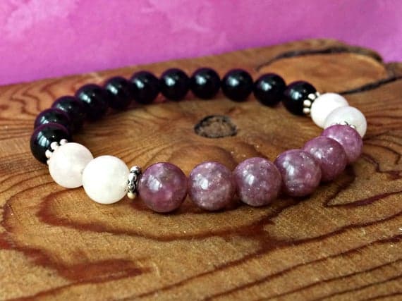 Positive Energy 6mm Stretchable Multi Black Tourmaline, Lepidolite & Rose Quartz  Bracelet Round, Smooth 7" for mens, womens, gf, bf & Adult.