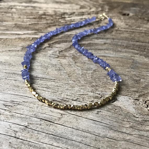 24k gold Plated Grounding Gold Helling 3mm stacking Blue tanzanite Necklace Chips, Faceted 16" for mens, womens, gf, bf & Adult.