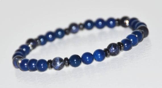 Handmade Beaded 6mm Blue Blue Agate, Sodalite, Hematite Stretchable Bracelet Round, Smooth 18cm for mens, womens, gf, bf and adults.