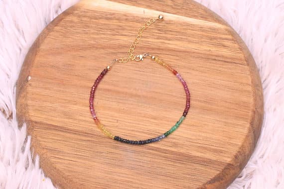 24k gold Plated Jewelry Energy Gold Helling 3-4mm stacking Multi Sapphire, Emerald, Ruby Bracelet Rondelle, Faceted 7" for mens, womens, gf, bf & Adult.