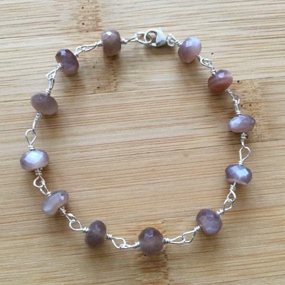 925 sterling Silver Positive Energy 6.5mm stacking Brown Chocolate Moonstone  Bracelet Rondelle, Faceted 7" for mens, womens.
