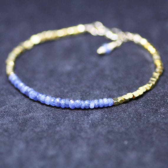 24k gold Plated Anxiety Gemstone Gold Helling 3-3.5mm stacking Blue Natural Burma Sapphire  Bracelet Rondelle, Faceted 7" for mens, womens, gf, bf & Adult.