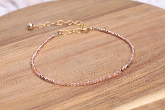 24k gold Plated Wholesale gold helling 3-4mm stacking Orange Sunstone Bracelet Round, Faceted 7" for mens, womens, gf, bf & Adult.