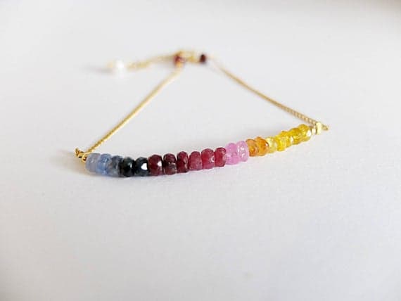 AAA++ Rare Quality Skinny Bar Bracelet,Dainty Gemstone Bracelet,sparkling multi sapphire Gold  Filled,sapphire dainty bracelet,yellow , pink, blue sapphire bar 3 mm Code- TJH48