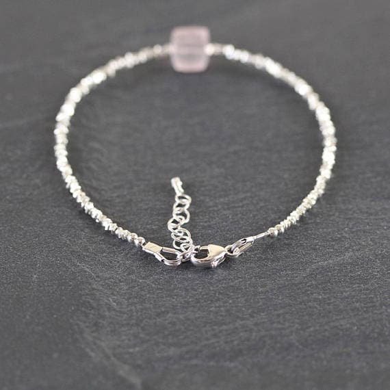 925 sterling Silver Bridesmaid Jewelry 2mm stacking Pink Rose Quartz Bracelet Box, Faceted 7" for mens, womens, gf, bf & Adult.