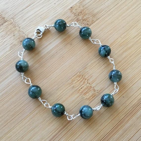 925 sterling Silver Wholesale 6-7mm stacking Green Natural Emerald  Bracelet Round, Smooth 7" for mens, womens.