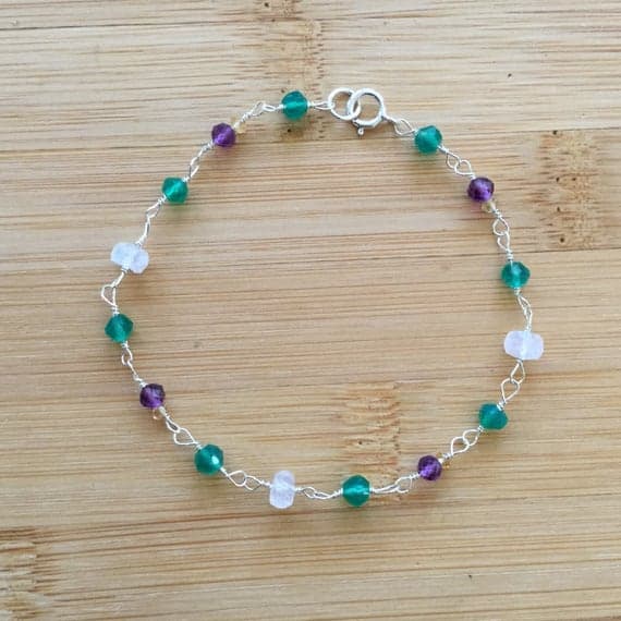 925 sterling Silver Natural 4-5mm stacking Multi Green Onyx, Amethyst and Moonstone  Bracelet Rondelle, Faceted 7" for mens, womens.