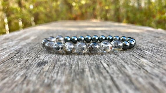 Rock Gift 6-8mm Stretchable Black & White Quartz and Hematite Bracelet Round, Smooth 7" for mens, womens, gf, bf & Adult.