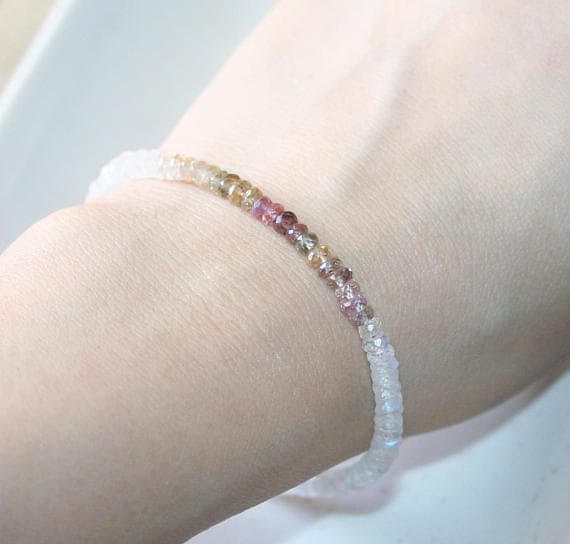 24k gold Plated good luck gift 3.5-4mm stacking Multi Moonstone and Spinel  Bracelet Rondelle, Faceted 7" for mens, womens.