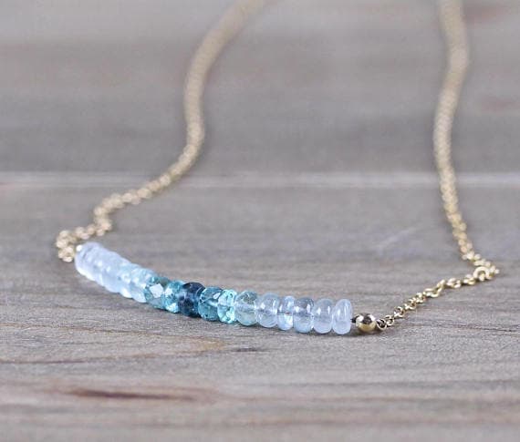 24k gold Unique Wedding Gift 3-3.5mm Aqua Aquamarine stacking Necklace Rondelle, Smooth 17 Inch for mens, womens, gf, bf and adults.