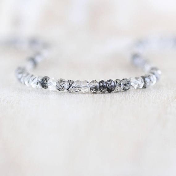925 sterling Silver Jewelry Energy 3.5mm stacking Black Black Rutilated Quartz  Necklace Rondelle, Faceted 16" for mens, womens, gf, bf & Adult.