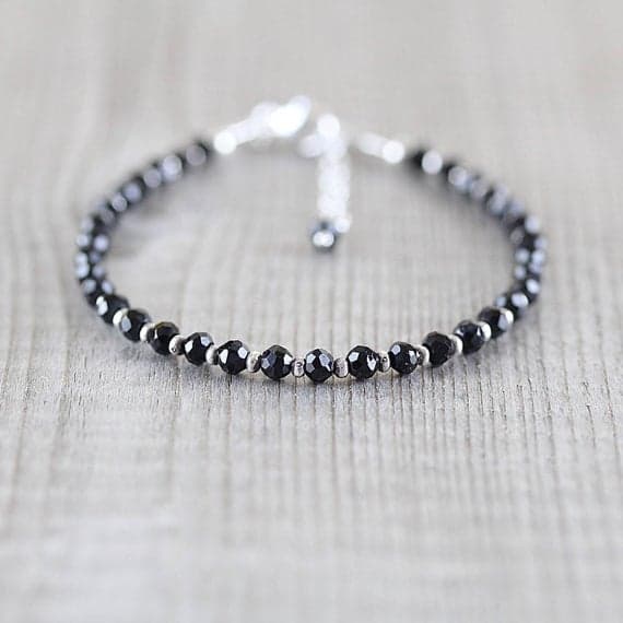 925 sterling Silver good luck gift 3.5mm stacking Black Black Spinel Bracelet Round, Faceted 7" for mens, womens, gf, bf & Adult.