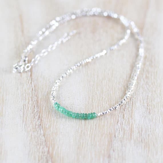 925 sterling Silver Dainty Slave Loose Silver Helling 2.5mm stacking Green Zambian Emerald Necklace Rondelle, Faceted 16" for mens, womens, gf, bf & Adult.