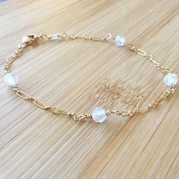 24k gold Plated Rock Gift 5.5mm stacking White White Topaz Bracelet Round, Faceted 7" for mens, womens.