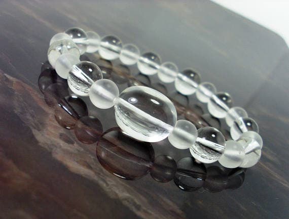 Rock Gift 18x12mm and 8-10mm Stretchable White Clear Quartz Bracelet Round, Smooth 7.5" for mens, womens.