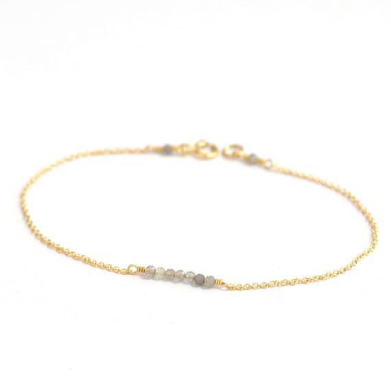 24k gold Plated Personalized Gift 1x2mm stacking Gray Labradorite Bracelet Round, Faceted 7" for mens, womens, gf, bf & Adult.