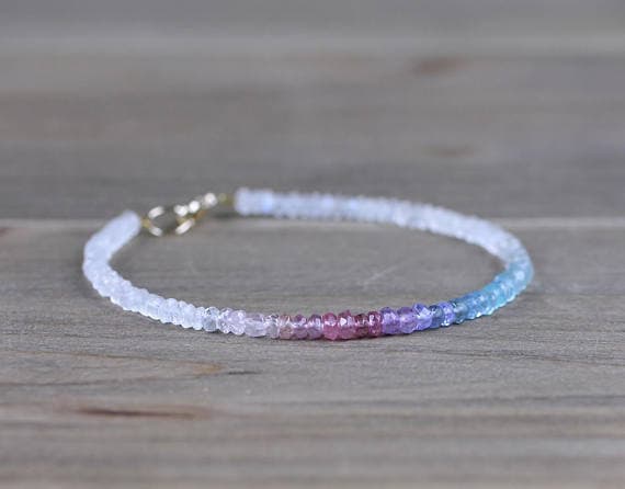 925 sterling silver Artisan Loose 3mm Multi Colour Ombre Aquamarine, Pink Tourmaline & Moonstone stacking Bracelet Rondelle, Faceted 18cm for mens, womens, gf, bf and adults.