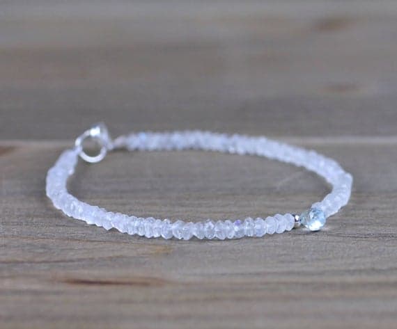 925 sterling silver good luck gift 3mm White Moonstone & Aquamarine stacking Bracelet Rondelle, Faceted 18cm for mens, womens, gf, bf and adults.