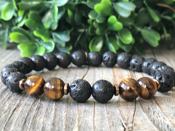 GRounding gold helling 8mm Stretchable Black & yellow Tiger Eye & Black Lava Bracelet Round, Smooth 7" for mens, womens, GF, BF, Adults.