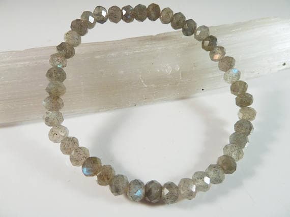 Empath Protection 6mm Stretchable Gray Labradorite Bracelet Rondelle, Faceted 7" for mens, womens, gf, bf & Adult.