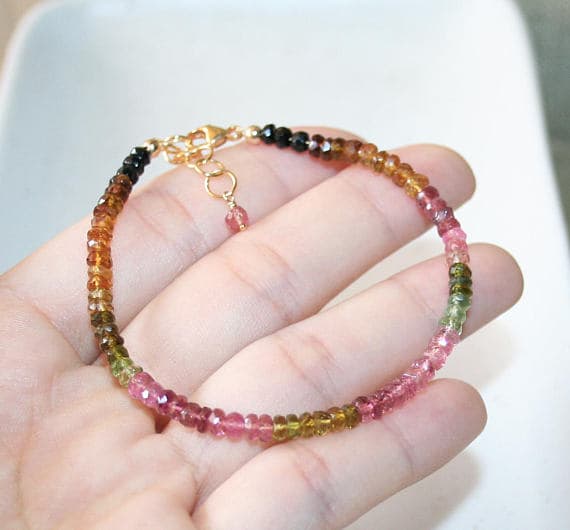 24k gold Plated love beach youth 3.5-4mm stacking Multi Multi Color Tourmaline Bracelet Rondelle, Faceted 7" for mens, womens.