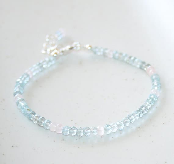 925 sterling Silver Personalized Gift 3.5mm stacking Sky Blue Sky Blue Topaz and Pink Morganite Bracelet Round, Faceted 7" for mens, womens.