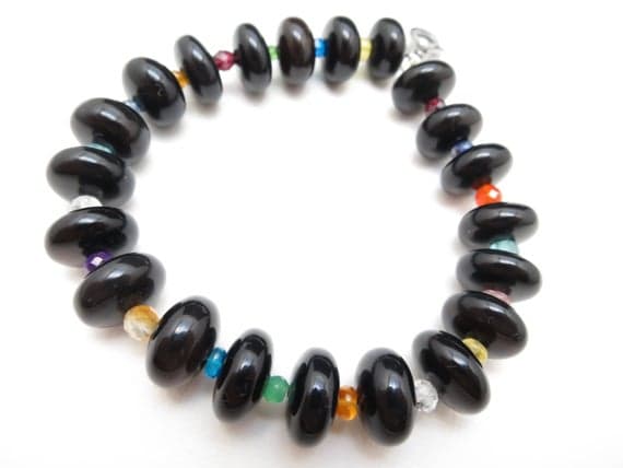 925 sterling Silver Empath Protection 13mm stacking Multi Black Onyx & ametrine Bracelet Rondelle, Smooth 7.5" for mens, womens.