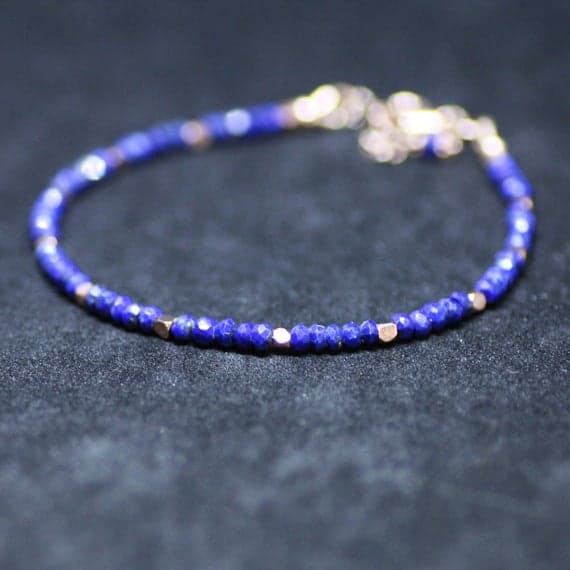 24k gold Plated Natural Gold Helling 3mm stacking Blue Lapis Lazuli  Bracelet Round, Faceted 7" for mens, womens, gf, bf & Adult.