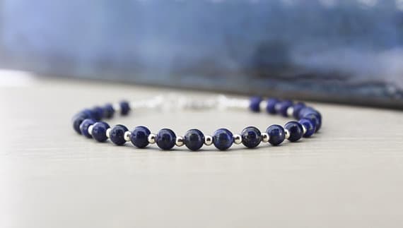 925 sterling Silver memorial gift Silver HELLING 4mm stacking Blue LAPIS LAZULI Bracelet Round, Smooth 7" for mens, womens.