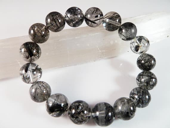 Bridesmaid Jewelry 11mm Stretchable Black Black Tourmaline Rutilated Crystal  Bracelet Round, Smooth 7.5" for mens, womens, gf, bf & Adult.