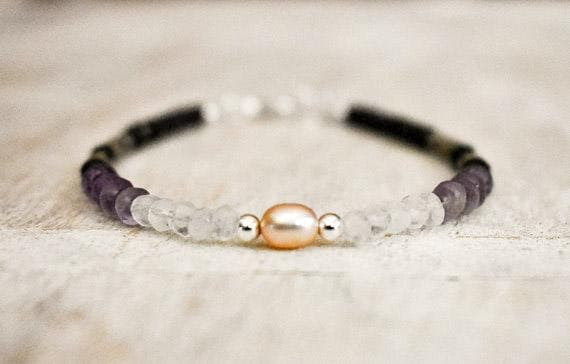 Purple and Black Bracelet, Ombre Boho Bracelet, Beaded Multicolor, Bohemian Stacking, Amethyst Pearl Moonstone Bracelet, Purple Black 3- 4 mm Code- WAR6748