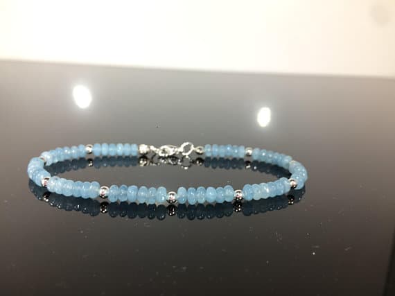 925 sterling Silver memorial gift Silver Helling 4-5mm stacking Blue Aquamarine Bracelet Rondelle, Smooth 7" for mens, womens, gf, bf & Adult.
