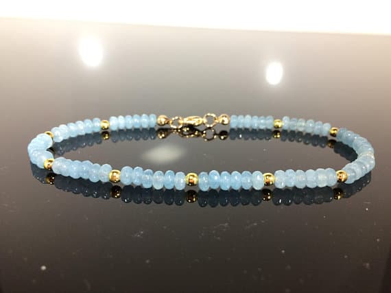 24k gold Plated chakras simple Gold Helling 4-5mm stacking Blue Aquamarine Bracelet Rondelle, Smooth 7" for mens, womens, gf, bf & Adult.