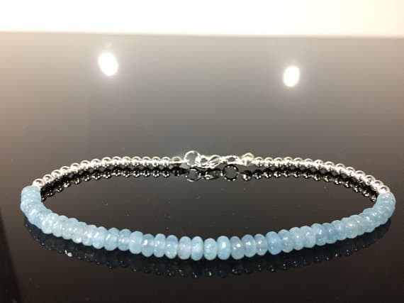 925 sterling Silver love beach youth Silver Helling 4-5mm stacking Blue Aquamarine Bracelet Rondelle, Smooth 7" for mens, womens, gf, bf & Adult.