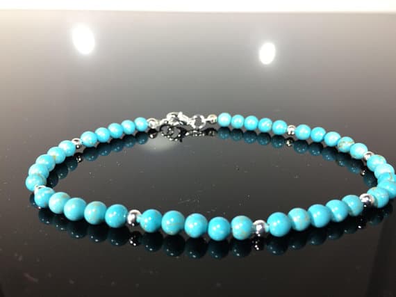 925 sterling Silver Natural Silver Helling 4-5mm stacking Blue Turquoise Bracelet Round, Smooth 7" for mens, womens, gf, bf & Adult.