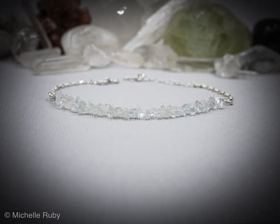 925 sterling Silver good luck gift 4x6mm stacking Blue Raw Aquamarine  Bracelet Chips, Faceted 7" for mens, womens, gf, bf & Adult.