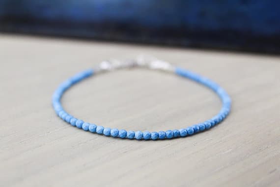 925 sterling Silver Anxiety Gemstone 2mm stacking Blue Turquoise Bracelet Round, Faceted 7" for mens, womens.
