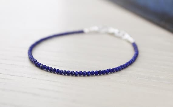 925 sterling Silver Blush Jewelry 2mm stacking Blue Lapis Lazuli Bracelet Round, Faceted 7" for mens, womens.
