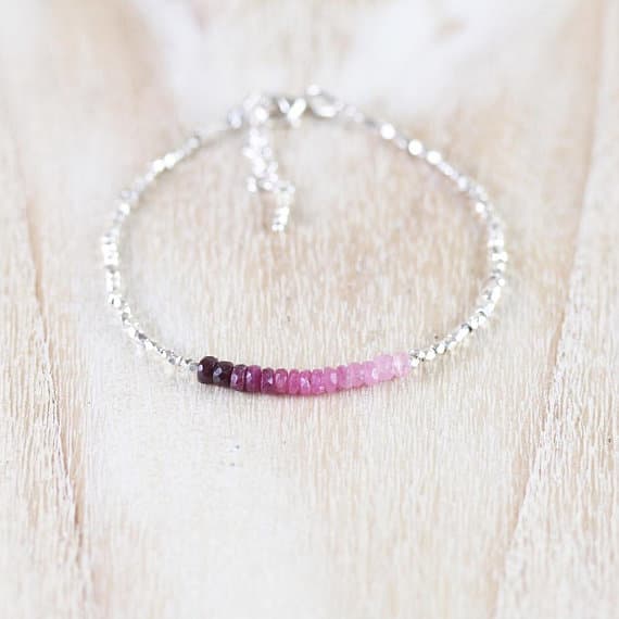 925 sterling Silver Anxiety Gemstone 3mm stacking Pink Ruby Bracelet Rondelle, Faceted 7" for mens, womens, gf, bf & Adult.