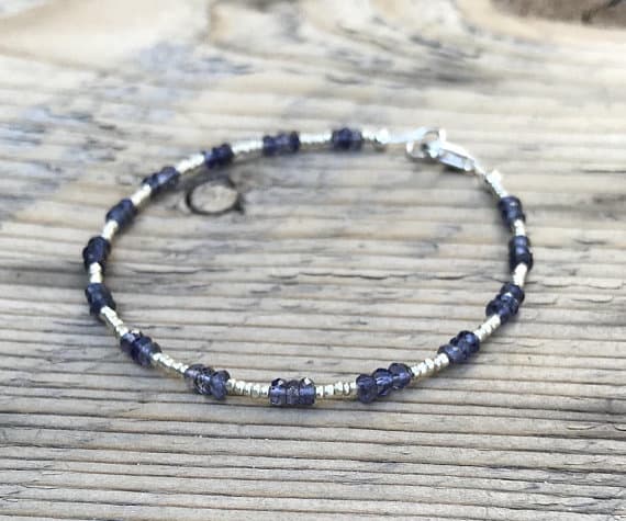 Iolite and Charlotte Cut Seed Bead Sterling Silver Bracelet- Water Sapphire Bracelet- Energy Healing Jewelry- Boho- Aura- Stacking- Dainty 2.5 mm Code- WAR6777