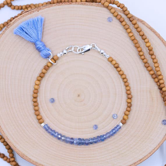 Boho Tanzanite Bracelet / Sandalwood Bracelet / Sterling Silver Bracelet / Beaded Bracelet with Tassel / Stackable / Purple Gemstone 3-5mm Code- WAR6891